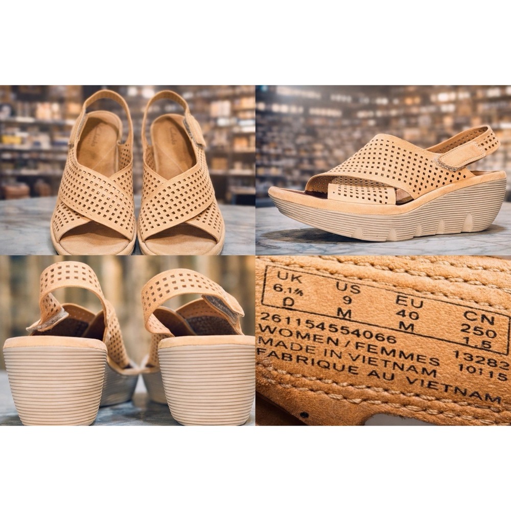 Clarks Women's 9 Tan Nubuck Laser Cut Wedge Sandals Slingback Comfort Platform